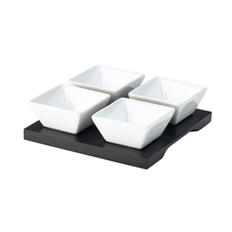 Genware Black Wooden Tray With 4 Dip Dishes