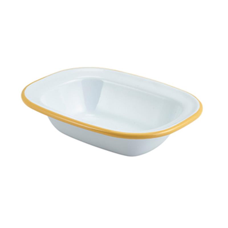 Enamel Rect. Pie Dish White with Yellow Rim 16cm