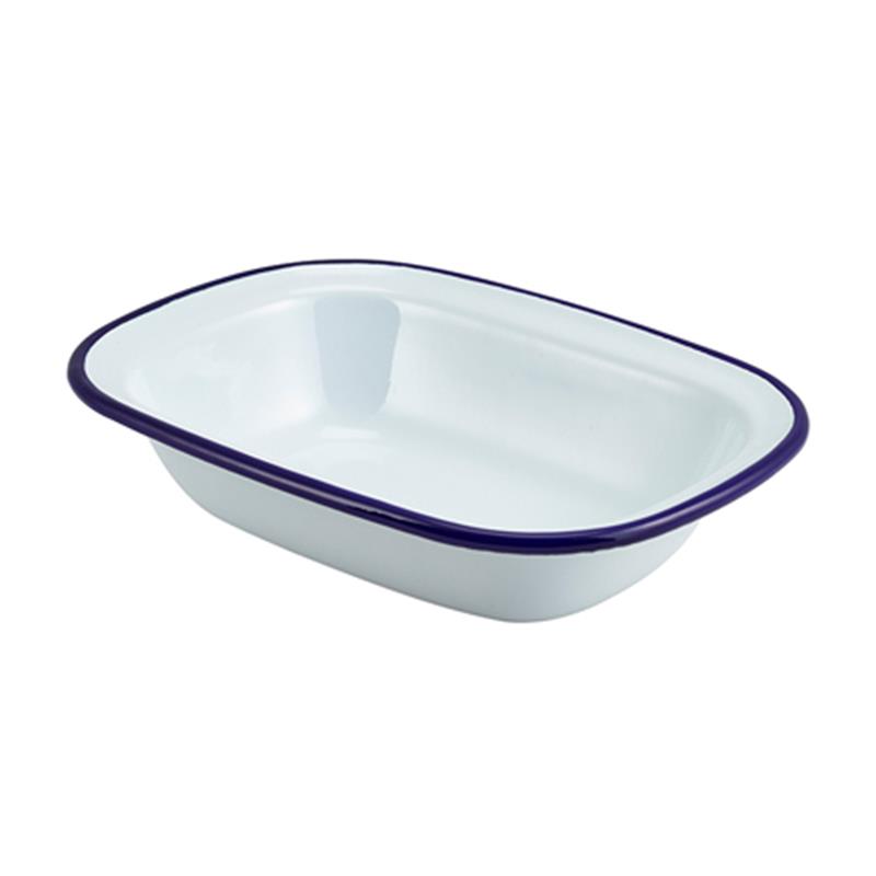 Enamel Rect. Pie Dish White & Blue 20cm