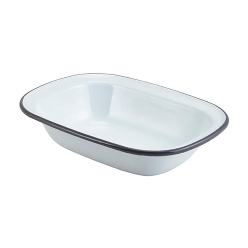 Enamel Rect. Pie Dish White with Grey Rim 20cm